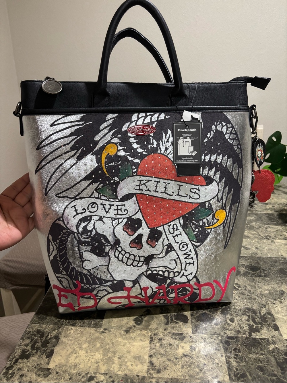 Ed Hardy Silver Metallic Backpack with Black Handles and Red Accents - Picture 15 of 15